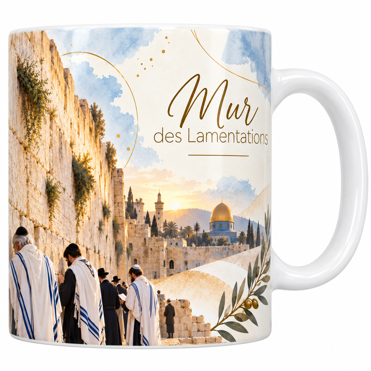 Mug céramique blanche 330 ml illustré d'hommes en châle de prière debout face aux grandes pierres du Mur occidental de Jérusalem, avec les remparts et le dôme doré au loin, et le titre Mur des Lamentations en lettres dorées