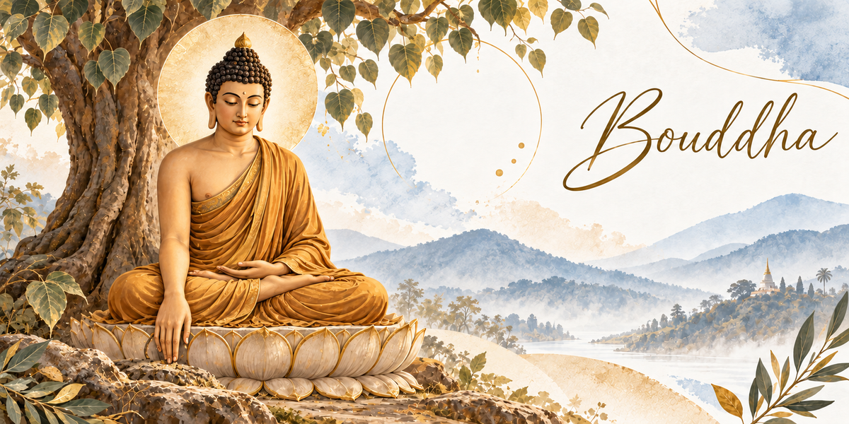 Illustration à l'aquarelle d'un Bouddha doré assis en méditation sur un socle de lotus sculpté, une large auréole dorée derrière la tête, les yeux baissés, la main gauche posée sur les genoux et la main droite descendant le long de la jambe vers le sol, sous un grand figuier noueux aux feuilles en coeur, des montagnes bleutées, une rivière, un stupa doré et des palmiers au loin, et le titre Bouddha en lettres dorées