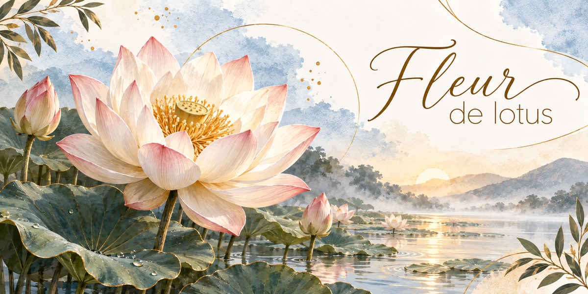 Illustration à l'aquarelle d'une grande fleur de lotus blanche et rose largement ouverte au coeur jaune d'or, entourée de boutons encore fermés et de larges feuilles rondes vert sombre perlées de gouttes d'eau, au bord d'un étang parsemé d'autres lotus, la brume du petit matin, le soleil levant qui se reflète sur l'eau et des collines boisées au loin, et le titre Fleur de Lotus en lettres dorées
