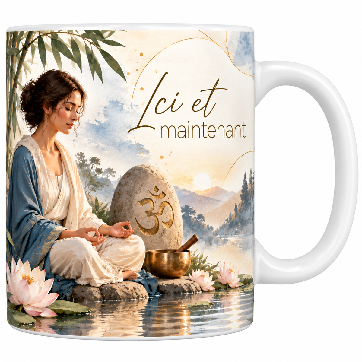 Mug céramique blanche 330 ml illustré d'une femme en châle bleu assise en tailleur au bord de l'eau, les mains en gyan mudra, avec un lotus rose et un bol chantant de cuivre, et le titre Ici et maintenant en lettres dorées