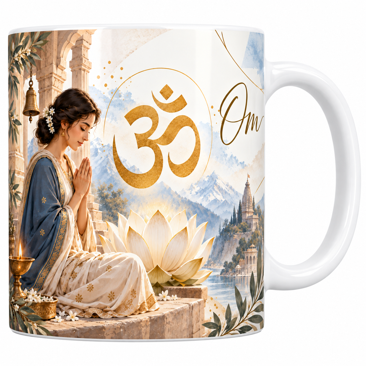 Mug céramique blanche 330 ml illustré d'une femme en sari bleu et or assise sur les marches d'un temple, les mains jointes, devant un grand symbole Om doré et un lotus lumineux, avec le titre Om en lettres dorées