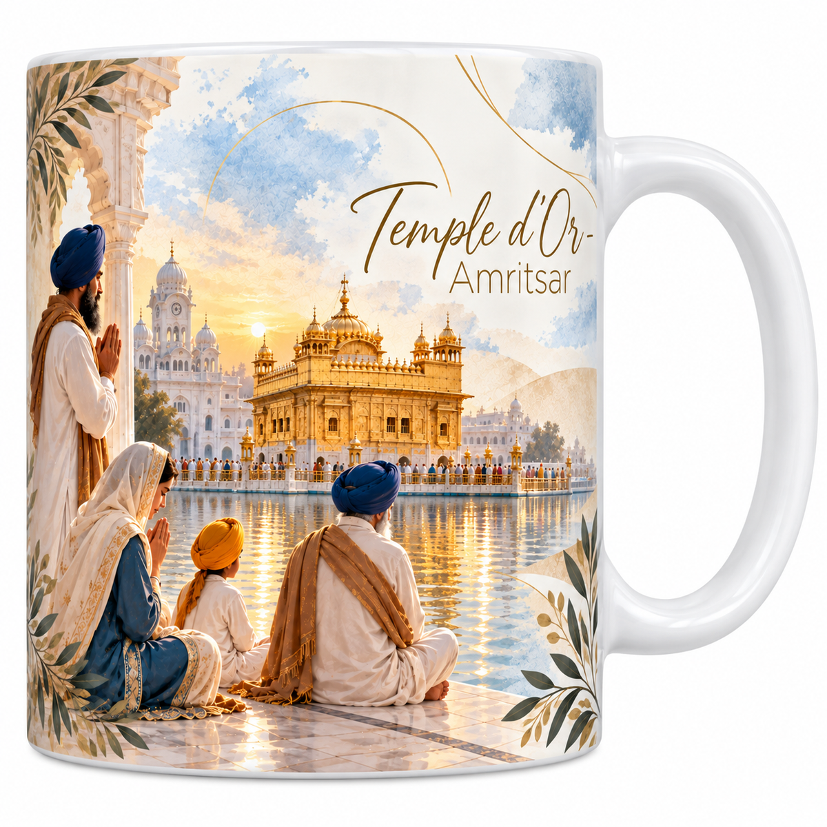 Mug céramique blanche 330 ml illustré du Temple d'Or d'Amritsar posé au milieu de son bassin, avec le marbre blanc du pourtour et une famille sikhe assise de dos, au soleil levant, titre Temple d'Or en lettres dorées