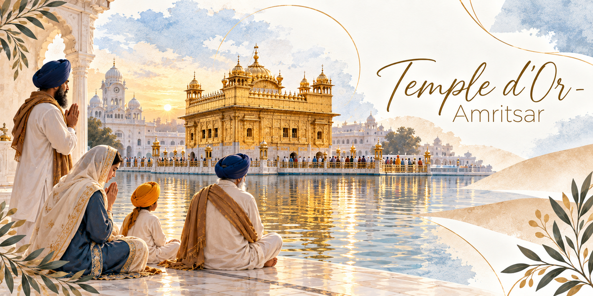 Illustration à l'aquarelle du Harmandir Sahib d'Amritsar, sanctuaire entièrement doré à coupoles et à kiosques, posé au milieu d'un vaste bassin et relié à la berge par une chaussée, le marbre blanc du pourtour et les bâtiments blancs à coupoles derrière, une famille assise de dos au bord de l'eau, un homme en turban bleu les mains jointes, une femme en voile crème et un enfant en turban orange, le soleil levant et ses reflets, et le titre Temple d'Or, Amritsar en lettres dorées