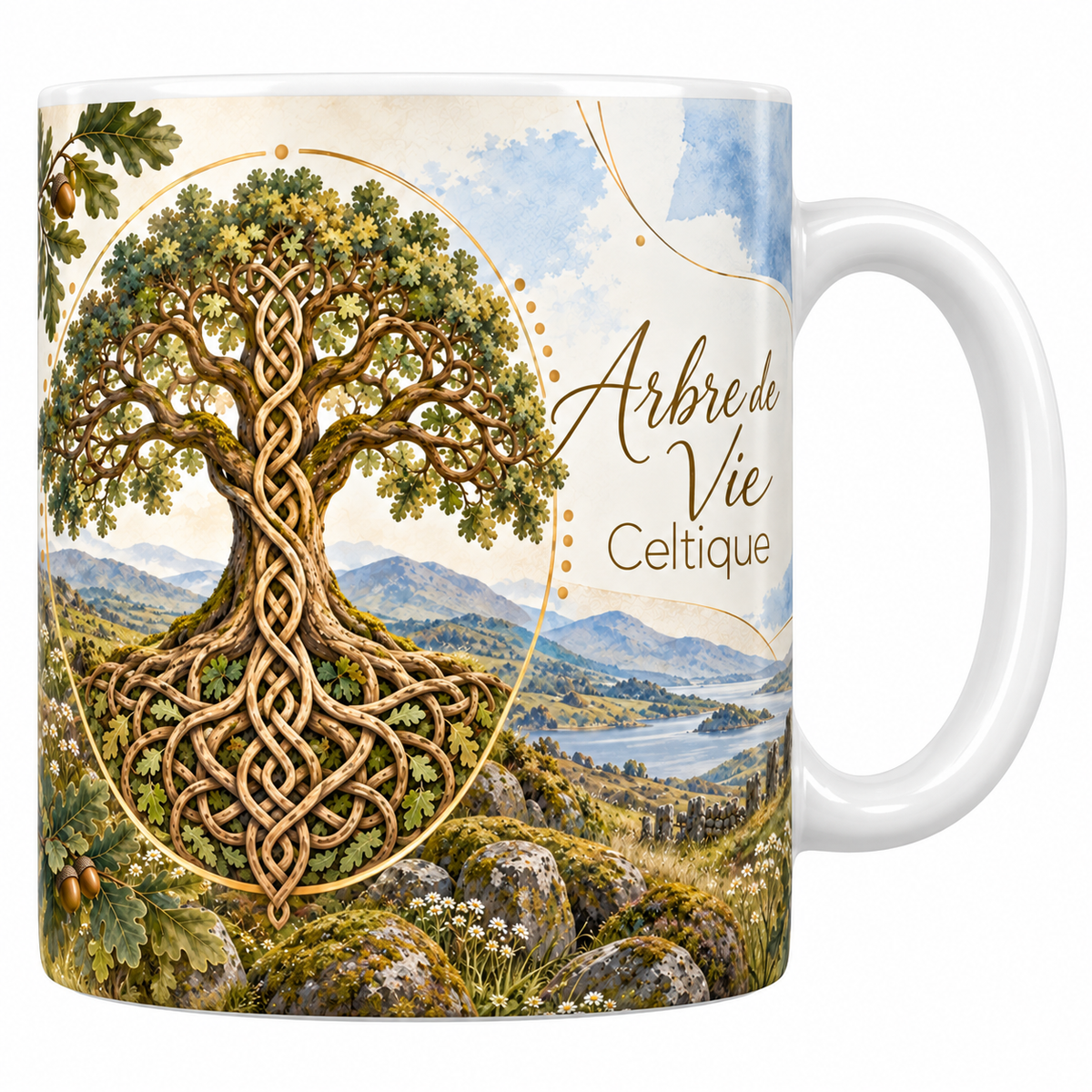 Mug céramique blanche 330 ml illustré d'un grand chêne aux branches et racines tressées en entrelacs celtiques dans un cercle doré, avec glands, murets de pierre et collines, titre Arbre de Vie Celtique en lettres dorées