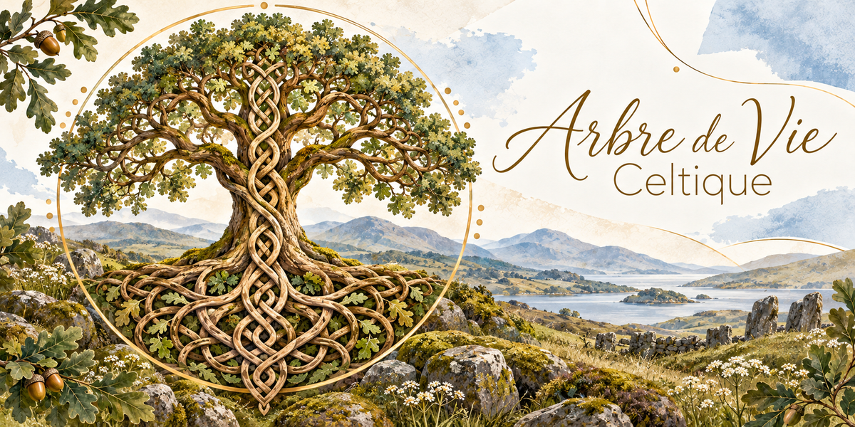 Illustration à l'aquarelle d'un grand chêne dont les branches et les racines se tressent en entrelacs celtiques symétriques à l'intérieur d'un large cercle doré, des feuilles de chêne et des glands au premier plan, des rochers couverts de mousse et des marguerites, des murets de pierre sèche, des collines vertes, un lac et des montagnes bleutées au loin, et le titre Arbre de Vie Celtique en lettres dorées