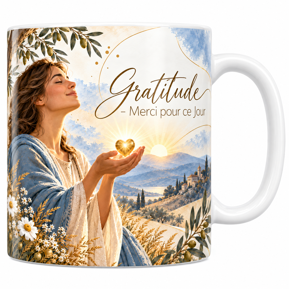 Mug céramique blanche 330 ml illustré d'une femme en châle bleu le visage levé, tenant dans ses mains ouvertes un cœur doré rayonnant, devant un soleil levant et des collines, avec le titre Gratitude en lettres dorées