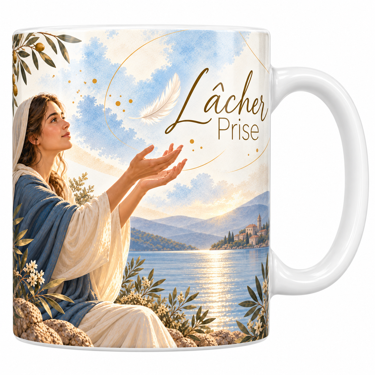 Mug céramique blanche 330 ml illustré d'une femme en manteau bleu assise sur un rocher au bord d'un lac, la main ouverte libérant une plume blanche qui s'envole, avec le titre Lâcher prise en lettres dorées