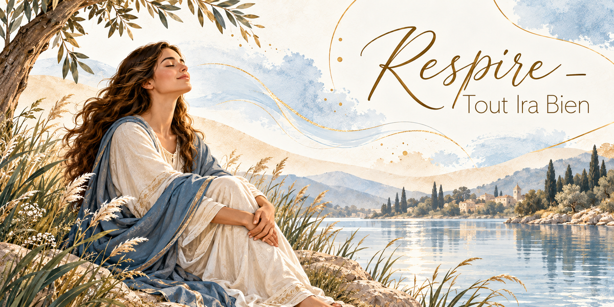 Illustration à l'aquarelle d'une femme aux longs cheveux bouclés châtains, en robe crème et châle bleu, assise sur un rocher sous un olivier au bord d'un lac, les genoux repliés et les bras autour, le visage levé et les yeux fermés, un souffle bleu et or stylisé traversant l'image, des roseaux et des fleurs blanches, un village, des cyprès et des collines de l'autre côté de l'eau, et le titre Respire, Tout Ira Bien en lettres dorées