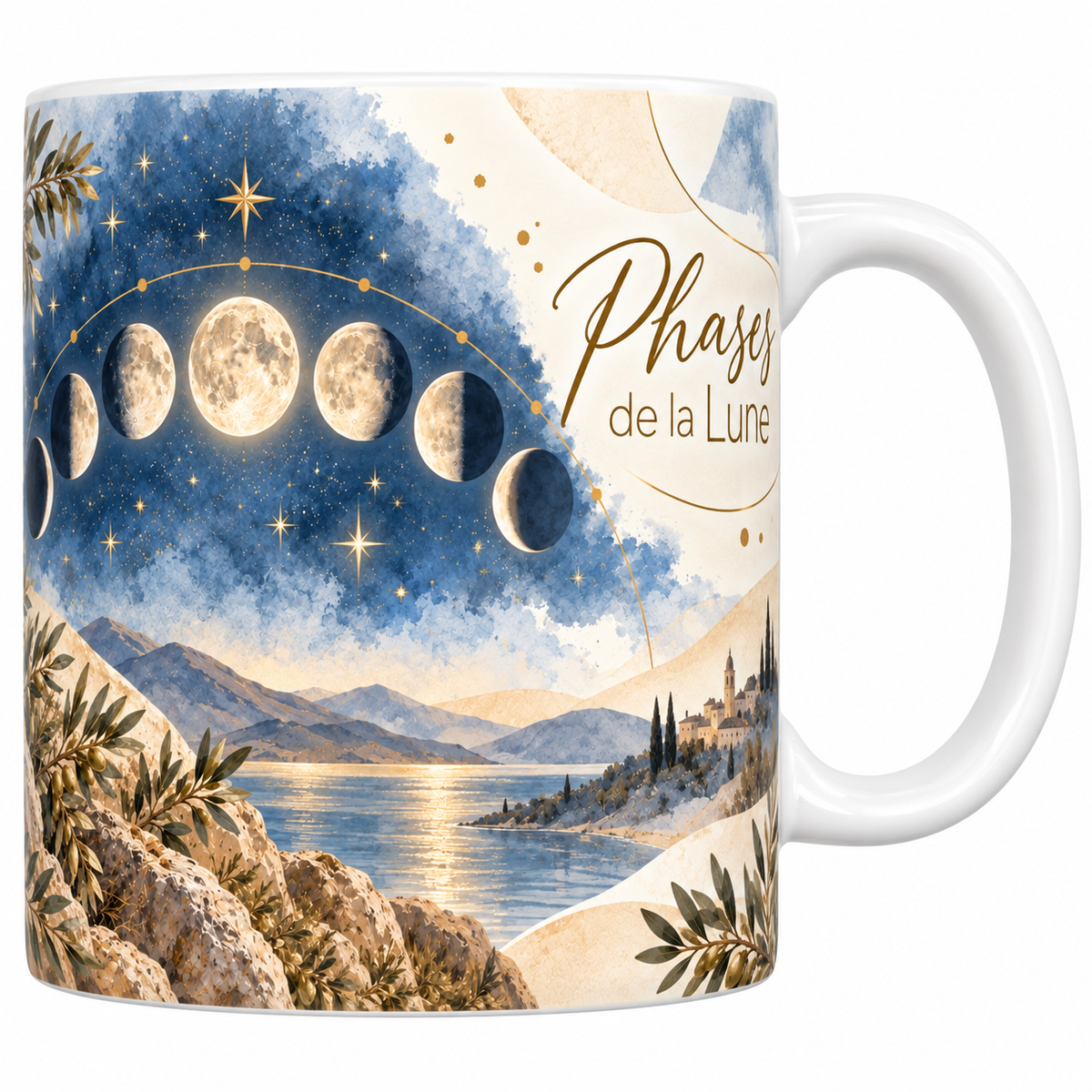 Mug céramique blanche 330 ml illustré de huit phases de la Lune alignées en arc dans un ciel bleu nuit étoilé, au-dessus d'un lac et d'un village, avec le titre Phases de la Lune en lettres dorées