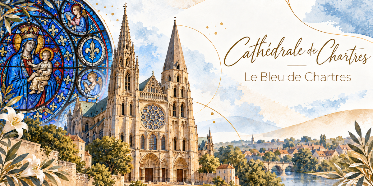 Illustration à l'aquarelle de la cathédrale de Chartres vue de trois quarts, ses deux flèches de hauteur et de style différents, sa grande rose et ses trois portails sculptés, un grand vitrail bleu en médaillon à gauche montrant une Vierge à l'Enfant couronnée entourée de fleurs de lys et d'anges, les toits de la ville basse, une rivière et un pont de pierre, des lys blancs au premier plan, et le titre Cathédrale de Chartres, le Bleu de Chartres en lettres dorées