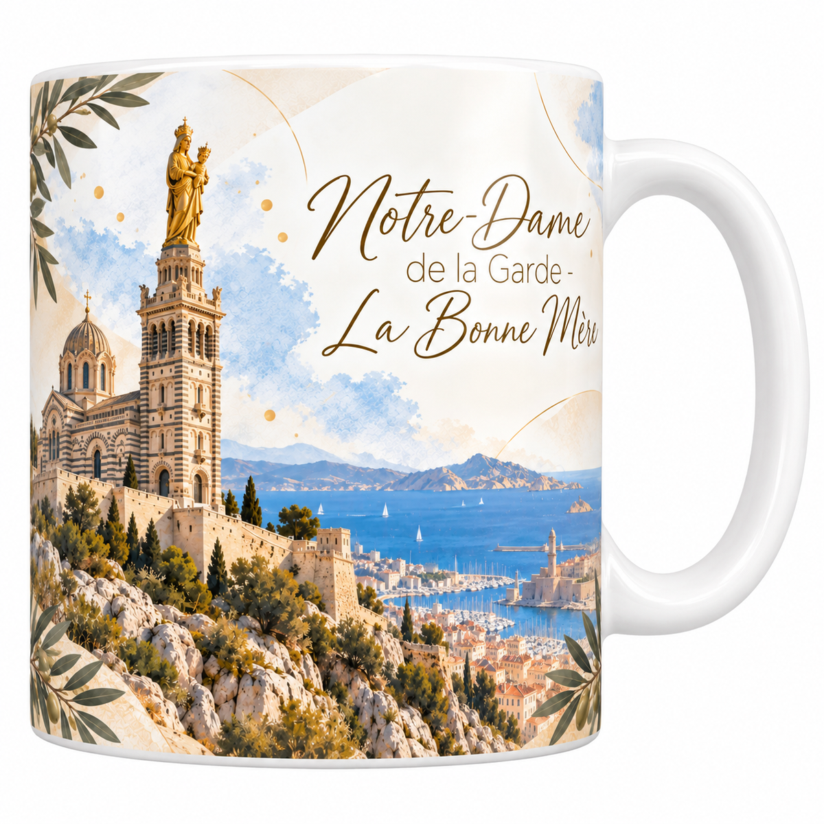 Mug céramique blanche 330 ml illustré de la basilique Notre-Dame de la Garde à bandes de pierre claire, sa tour couronnée de la Vierge dorée, le fort, le Vieux-Port et les îles, avec le titre Notre-Dame de la Garde, la Bonne Mère en lettres dorées