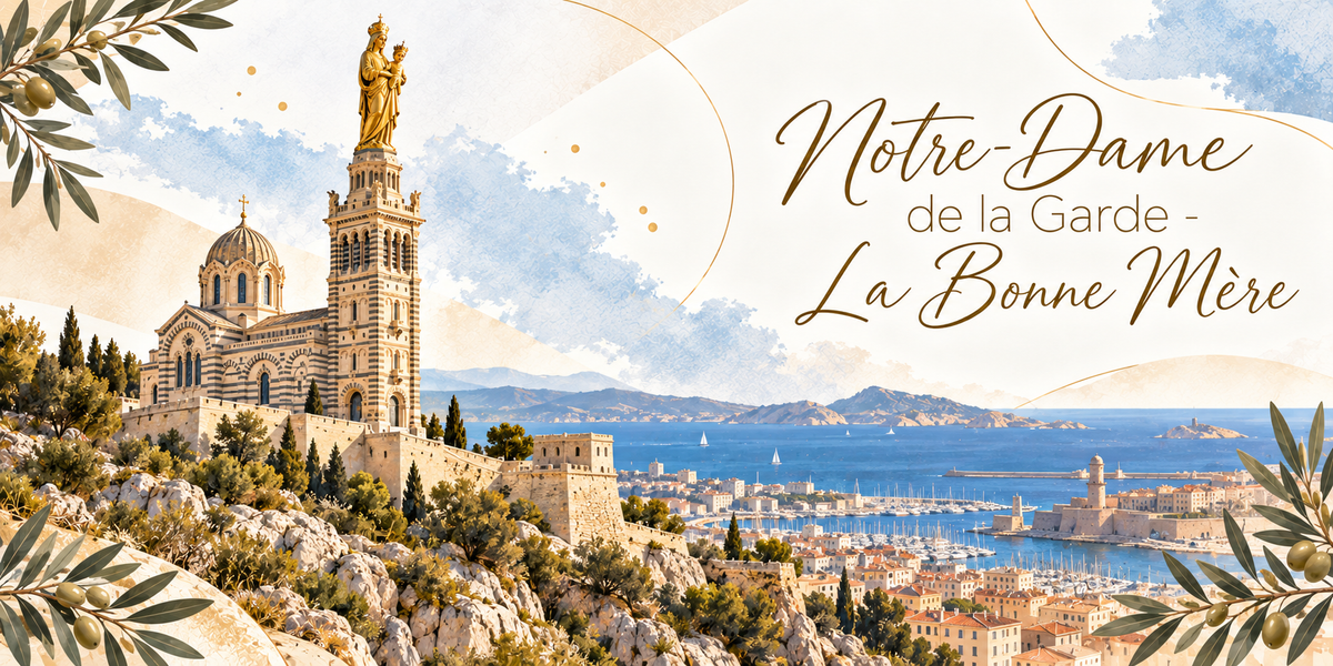 Illustration à l'aquarelle de la basilique Notre-Dame de la Garde vue depuis les rochers de la colline, sa coupole et sa tour à bandes alternées de pierre claire couronnée de la statue dorée de la Vierge à l'Enfant, les murailles du fort, des pins et des cyprès, le Vieux-Port et ses voiliers, le fort Saint-Jean, les îles du Frioul et la mer bleue, des rameaux d'olivier au premier plan, et le titre Notre-Dame de la Garde, la Bonne Mère en lettres dorées