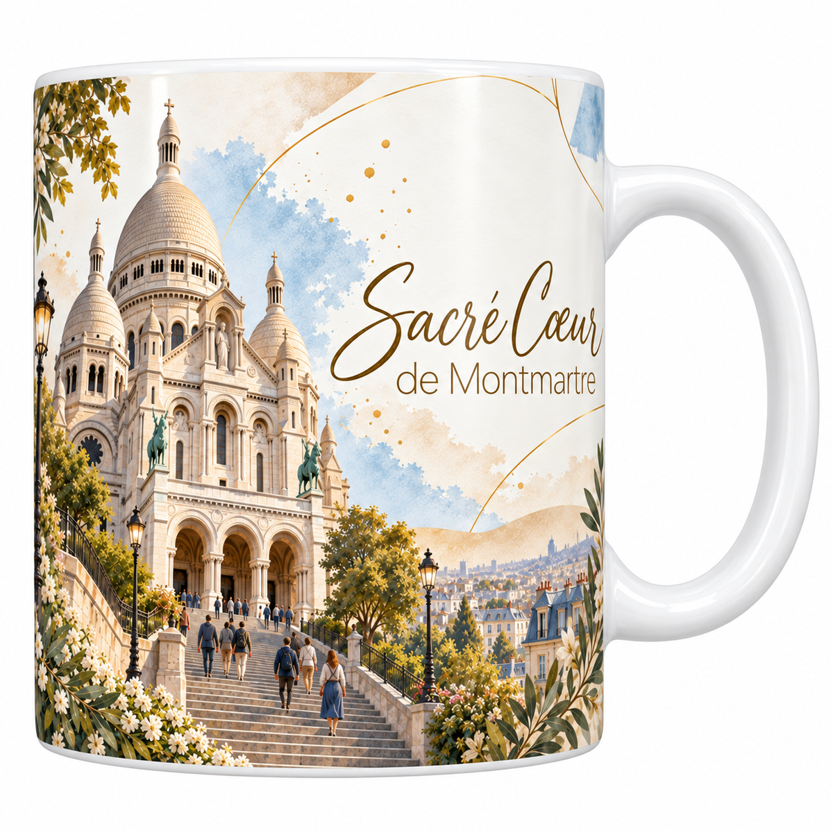 Mug céramique blanche 330 ml illustré de la basilique du Sacré-Coeur de Montmartre, son grand dôme et ses coupoles, ses statues équestres de bronze vert, l'escalier et les réverbères, avec les toits de Paris au loin et le titre Sacré-Coeur de Montmartre en lettres dorées