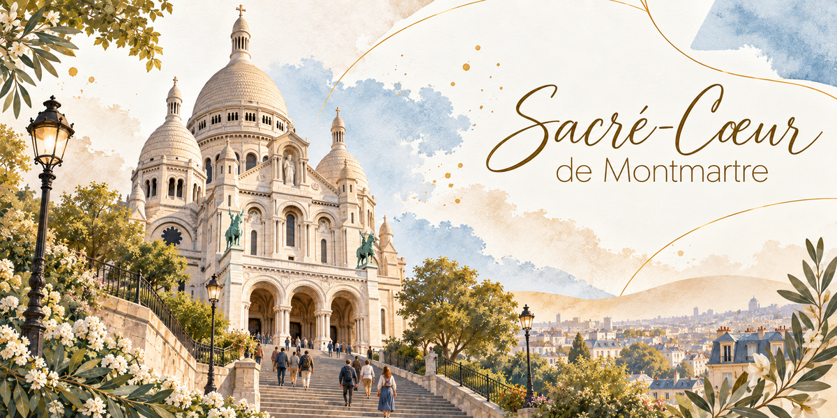 Illustration à l'aquarelle de la basilique du Sacré-Coeur de Montmartre vue depuis le bas des marches, son grand dôme blanc et ses coupoles, son portique à trois arcades, les deux statues équestres en bronze vert de part et d'autre, l'escalier monté par des passants, des réverbères anciens, des arbres et des fleurs blanches, les toits et les immeubles de Paris jusqu'aux collines, et le titre Sacré-Coeur de Montmartre en lettres dorées