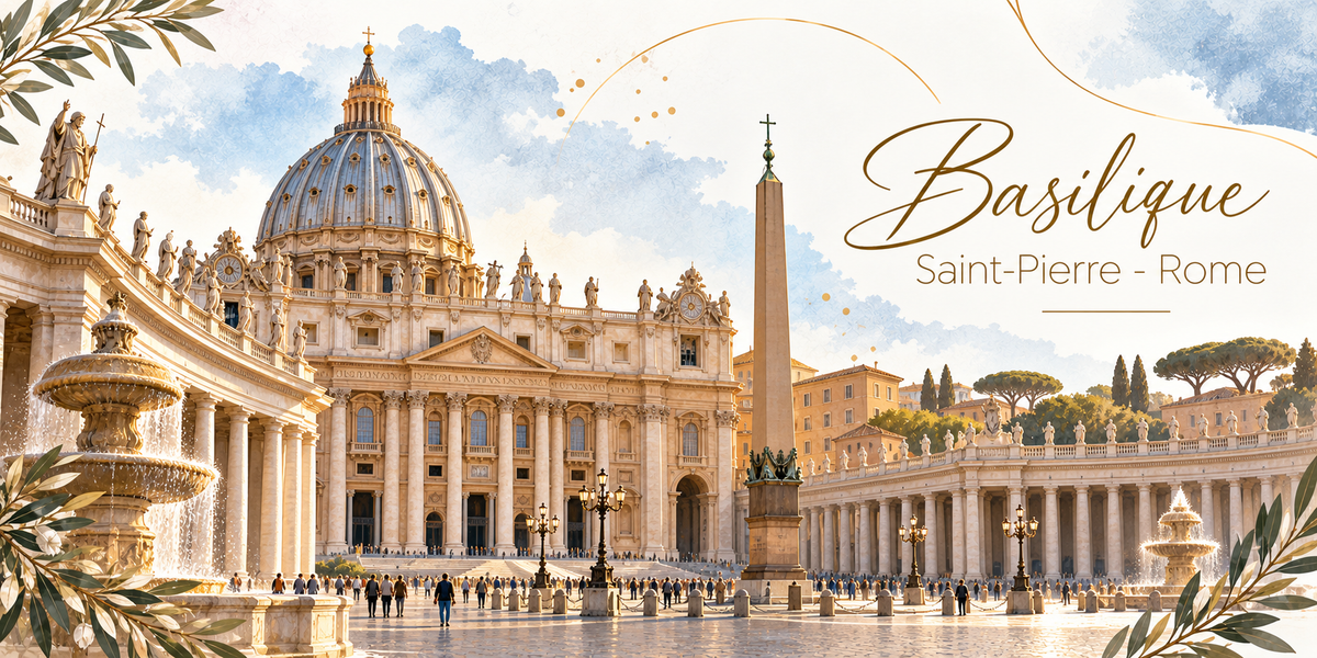 Illustration à l'aquarelle de la basilique Saint-Pierre de Rome vue depuis la place, sa grande coupole, sa façade à colonnes surmontée de statues, les deux bras de la colonnade du Bernin couverts de saints, l'obélisque égyptien au centre et les deux fontaines, des promeneurs sur le pavement, les pins parasols du Vatican, des rameaux d'olivier au premier plan, et le titre Basilique Saint-Pierre, Rome en lettres dorées