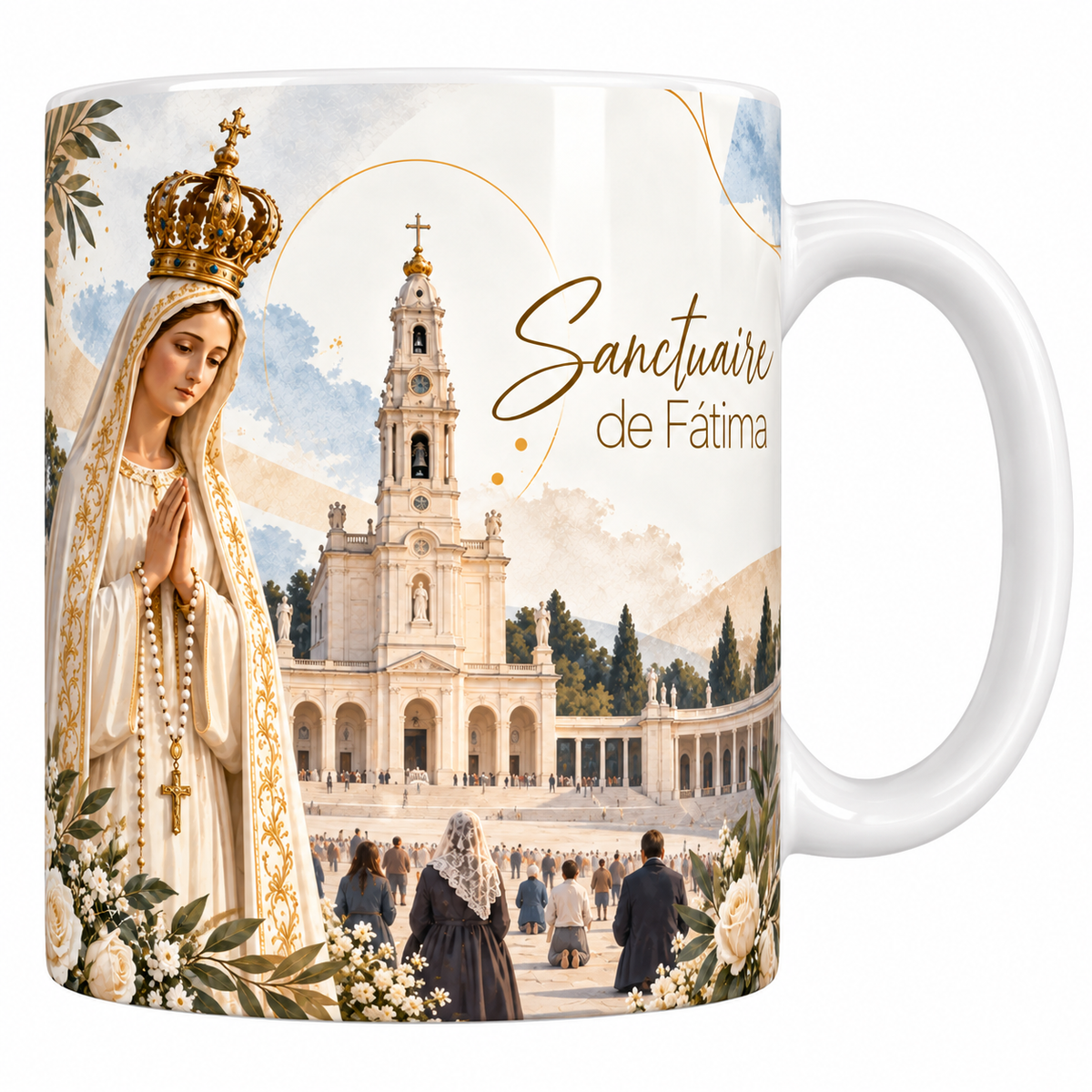 Mug céramique blanche 330 ml illustré de la statue de Notre-Dame de Fátima couronnée et au chapelet, devant la basilique du Rosaire, sa tour-clocher et sa colonnade, avec des pèlerins sur l'esplanade et le titre Sanctuaire de Fátima en lettres dorées