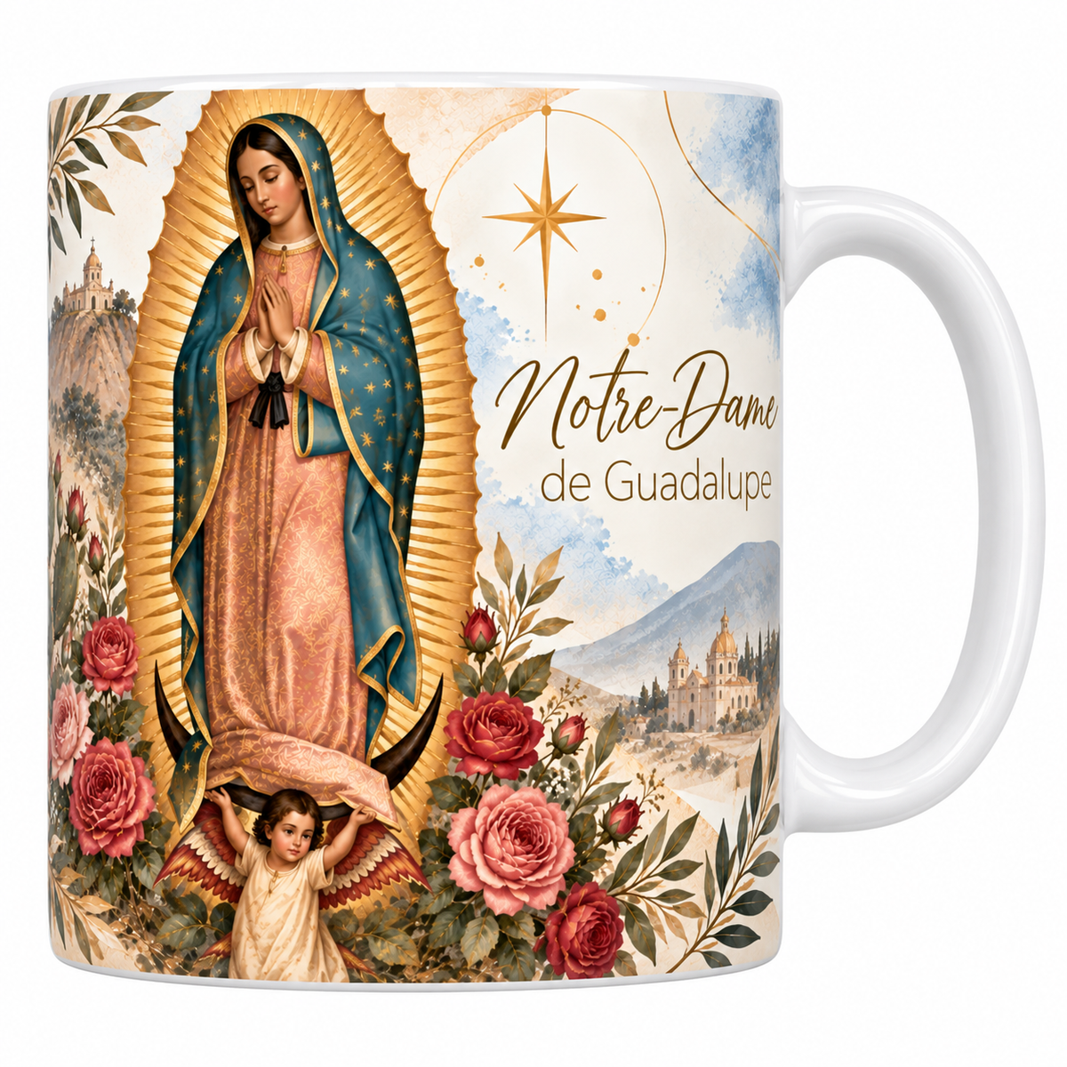 Mug céramique blanche 330 ml illustré de Notre-Dame de Guadalupe dans sa gloire de rayons dorés, manteau turquoise étoilé et robe rose, le croissant de lune et l'ange qui la soutient, avec le Tepeyac, des nopals et des roses, et le titre Notre-Dame de Guadalupe en lettres dorées
