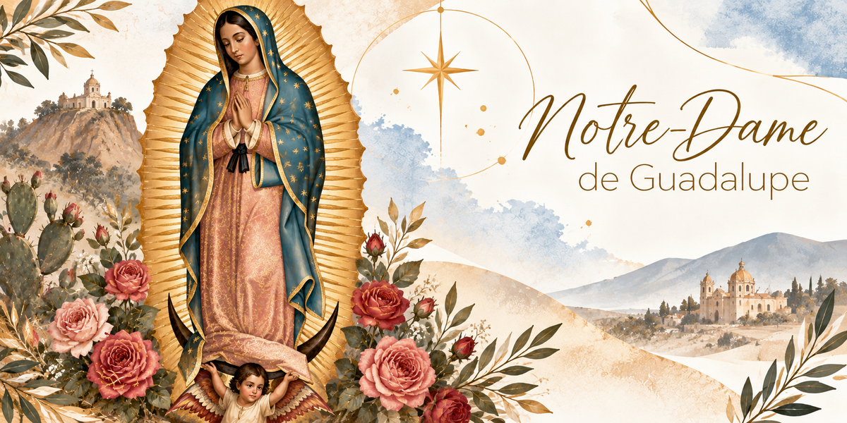 Illustration à l'aquarelle de Notre-Dame de Guadalupe entourée d'une gloire de rayons dorés, les mains jointes et les yeux baissés, son manteau turquoise semé d'étoiles d'or et sa robe rose à motifs dorés, la ceinture noire nouée haut, le croissant de lune noir sous ses pieds et un ange aux ailes déployées qui la soutient, des roses de Castille au premier plan, la colline du Tepeyac et sa chapelle, des nopals et une église à coupole au loin, et le titre Notre-Dame de Guadalupe en lettres dorées