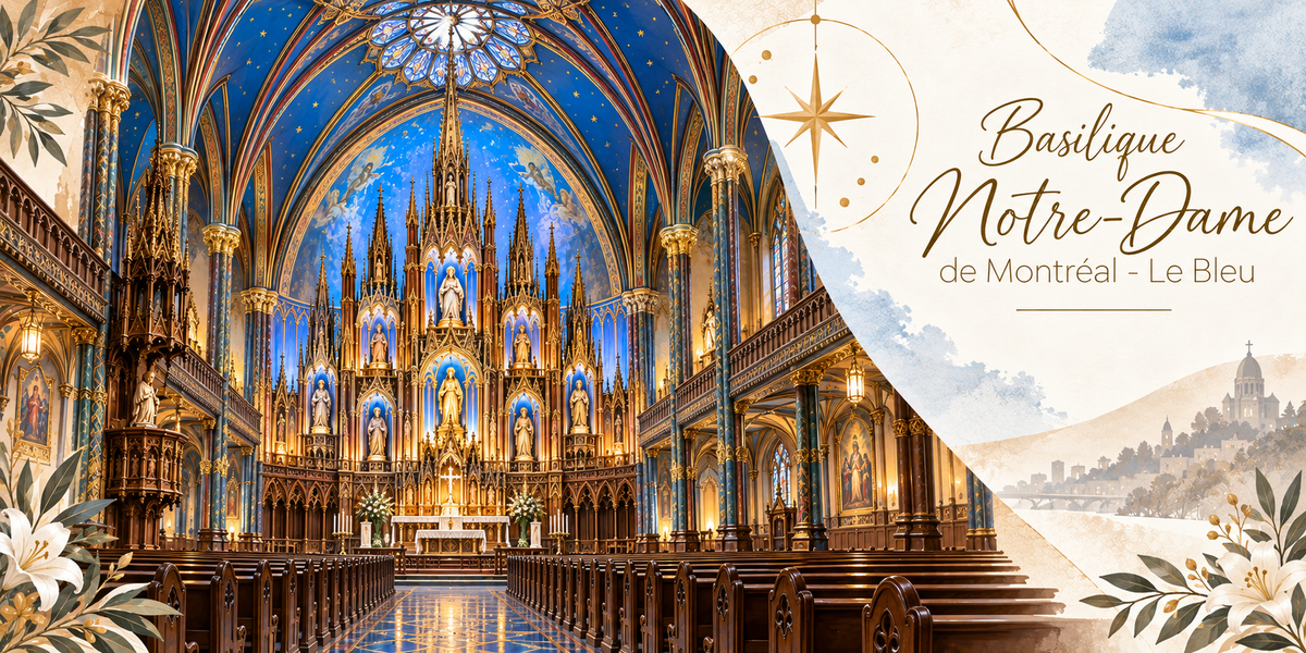 Illustration à l'aquarelle de l'intérieur de la basilique Notre-Dame de Montréal vue depuis l'allée centrale, sa haute voûte bleu nuit semée d'étoiles d'or et parcourue de nervures, son grand retable néo-gothique sculpté et doré couvert de statues et de pinacles, ses colonnes bleues et ses tribunes de bois, la chaire sculptée sur le côté, les rangées de bancs et le reflet des lustres sur le dallage, des lys blancs au premier plan, et le titre Basilique Notre-Dame de Montréal, le Bleu en lettres dorées