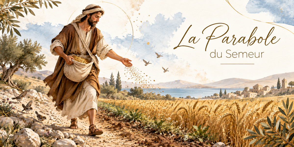 Illustration à l'aquarelle d'un semeur en tunique et keffieh marchant sur le flanc d'une colline, un sac de toile rempli de grain en bandoulière, la main droite lancée et les grains dorés dispersés en l'air, un chemin pierreux à gauche où des oiseaux picorent, des broussailles et des cailloux au centre, un champ de blé mûr à droite, un olivier, le lac de Galilée et un village de pierre au loin, et le titre La Parabole du Semeur en lettres dorées