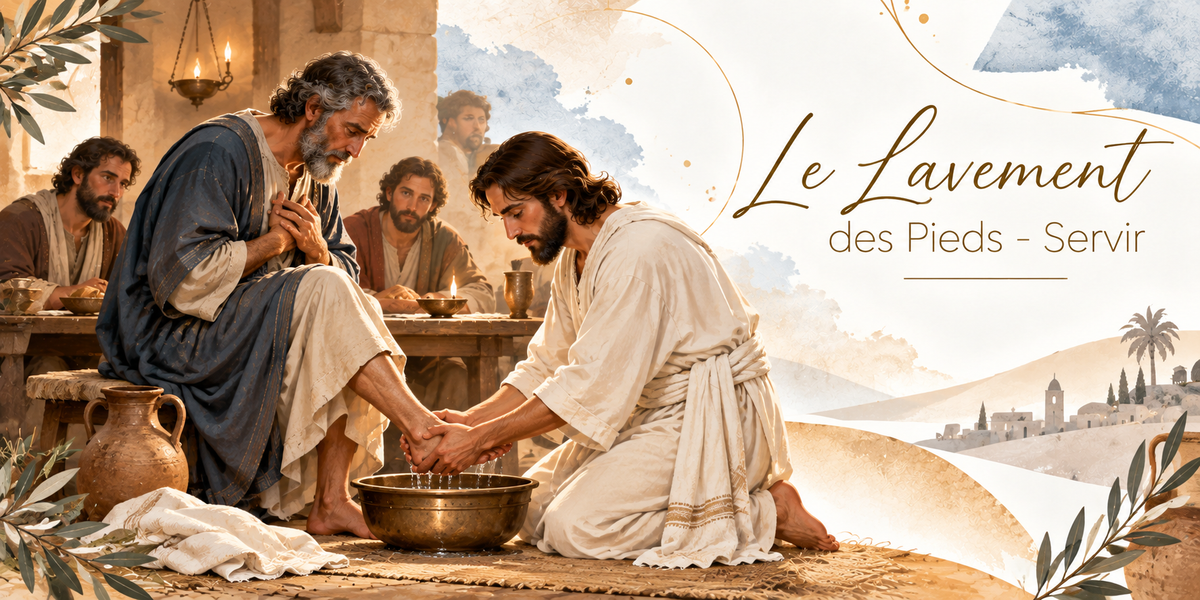Illustration à l'aquarelle de Jésus en tunique claire, agenouillé et pieds nus, tenant à deux mains le pied d'un homme âgé à barbe grise assis devant lui, au-dessus d'une large bassine de bronze où l'eau coule, un linge blanc et une cruche de terre posés au sol, une lampe à huile suspendue, une table basse avec du pain et des coupes, d'autres disciples attablés dans la pénombre, un village sur les collines au loin, et le titre Le Lavement des Pieds, Servir en lettres dorées
