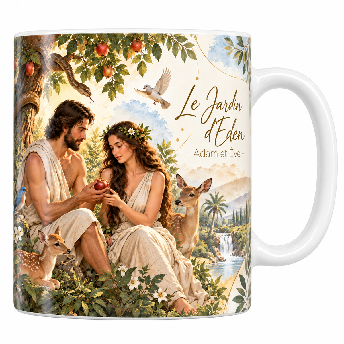Mug céramique blanche 330 ml illustré d'Adam et Ève assis sous l'arbre du jardin, le fruit rouge passant d'une main à l'autre, le serpent dans les branches, une biche et son faon, des fleurs blanches et la cascade au loin, avec le titre Le Jardin d'Eden, Adam et Ève en lettres dorées