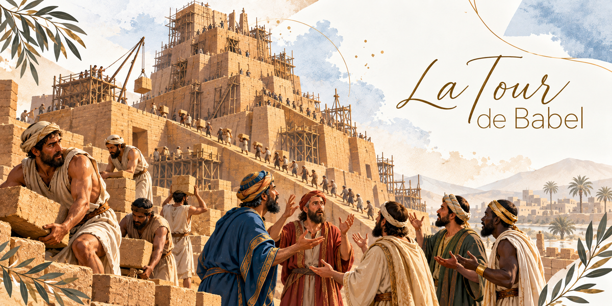 Illustration à l'aquarelle d'une ziggurat en construction, ses étages de brique en retrait couverts d'échafaudages de bois, une grue à contrepoids, des files d'ouvriers montant les rampes avec des briques sur le dos, des tailleurs de pierre au premier plan, et un groupe d'hommes en turbans et manteaux colorés les bras levés en signe d'incompréhension, le fleuve, les palmiers et la ville au loin, et le titre La Tour de Babel en lettres dorées