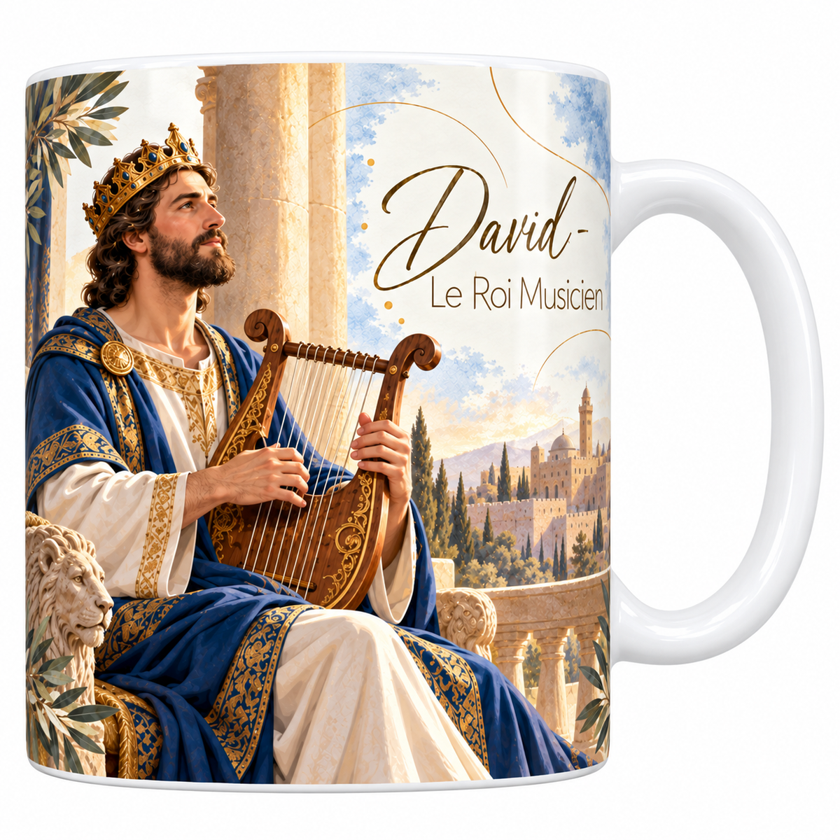 Mug céramique blanche 330 ml illustré de David couronné en manteau bleu et or, assis sur un trône à lions et jouant d'une lyre de bois, avec les colonnes du palais et les murailles de Jérusalem au loin, et le titre David, le Roi Musicien en lettres dorées