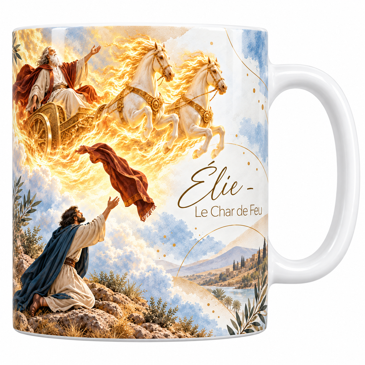 Mug céramique blanche 330 ml illustré d'Élie emporté dans un char d'or entouré de flammes et tiré par des chevaux de feu, son manteau rouge tombant vers Élisée agenouillé, avec les collines au loin, et le titre Élie, le Char de Feu en lettres dorées
