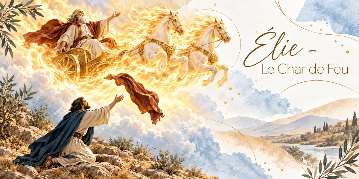 Illustration à l'aquarelle d'un vieil homme à barbe blanche en manteau rouge, debout dans un char d'or enveloppé de flammes et tiré par deux chevaux blancs aux crinières de feu, montant dans les nuages, son manteau rouge à franges dorées tombant dans le vide, et au premier plan un homme barbu en tunique claire et manteau bleu agenouillé sur une crête rocheuse, les bras levés vers lui, des oliviers, les collines, une rivière et un village au loin, et le titre Élie, le Char de Feu en lettres dorées