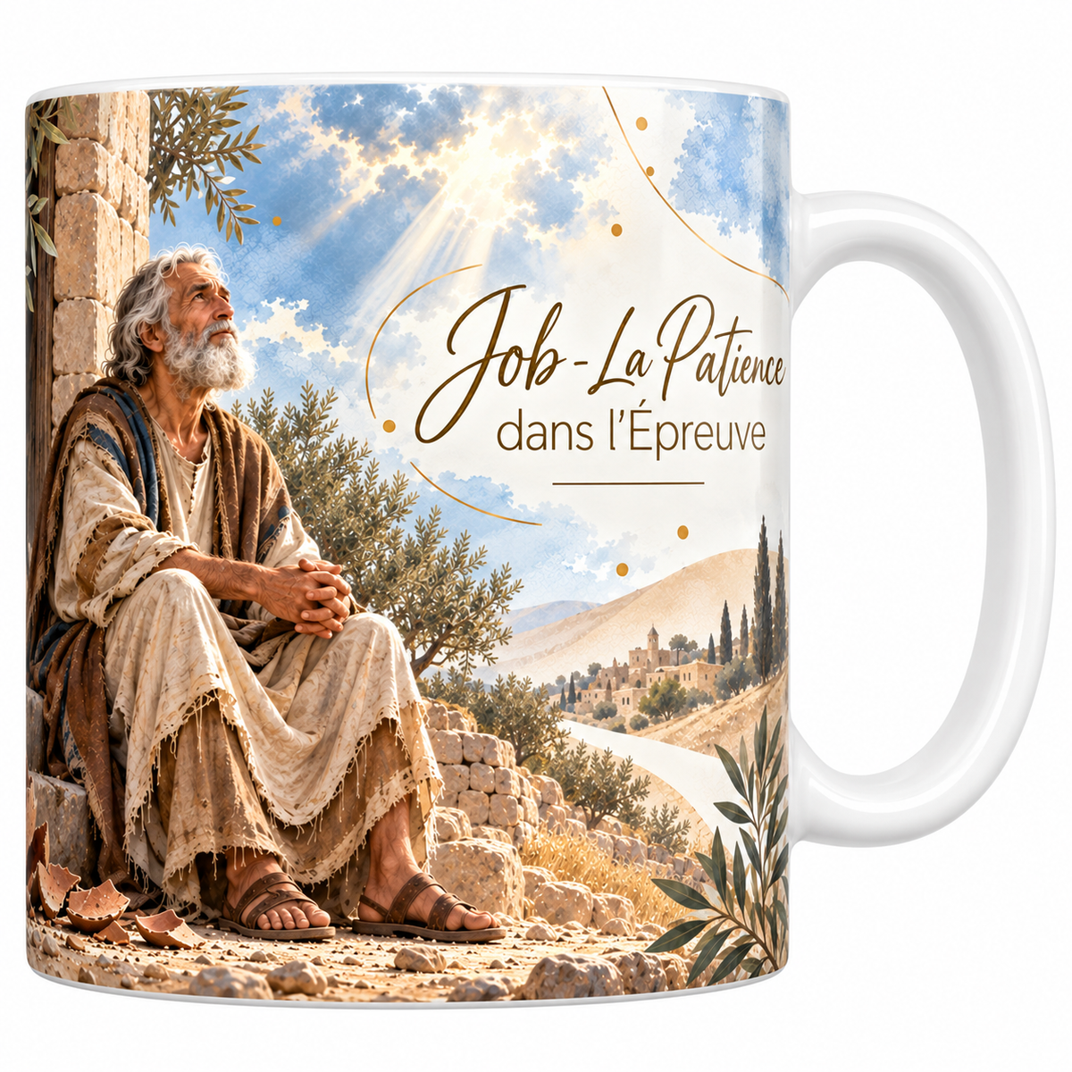 Mug céramique blanche 330 ml illustré de Job assis sur des marches de pierre en vêtements déchirés, le regard levé vers une trouée de lumière, une jarre brisée à ses pieds, avec l'olivier et les collines au loin, et le titre Job, la Patience dans l'Épreuve en lettres dorées