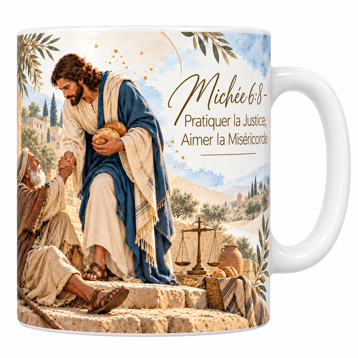 Mug céramique blanche 330 ml illustré d'une balance de laiton sur un muret de pierre, d'un panier de pains et d'une jarre, avec un châle de prière bleu, les oliviers et un village au loin, et le titre Michée 6:8, Pratiquer la Justice, Aimer la Miséricorde en lettres dorées