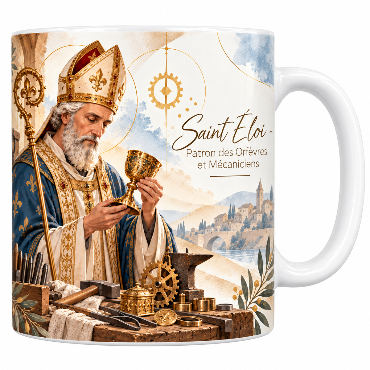 Mug céramique blanche 330 ml illustré de saint Éloi en mitre et chape à fleurs de lys examinant un calice d'or, devant un établi d'orfèvre couvert d'outils, avec une enclume et une ville au loin, et le titre Saint Éloi, Patron des Orfèvres et Mécaniciens en lettres dorées