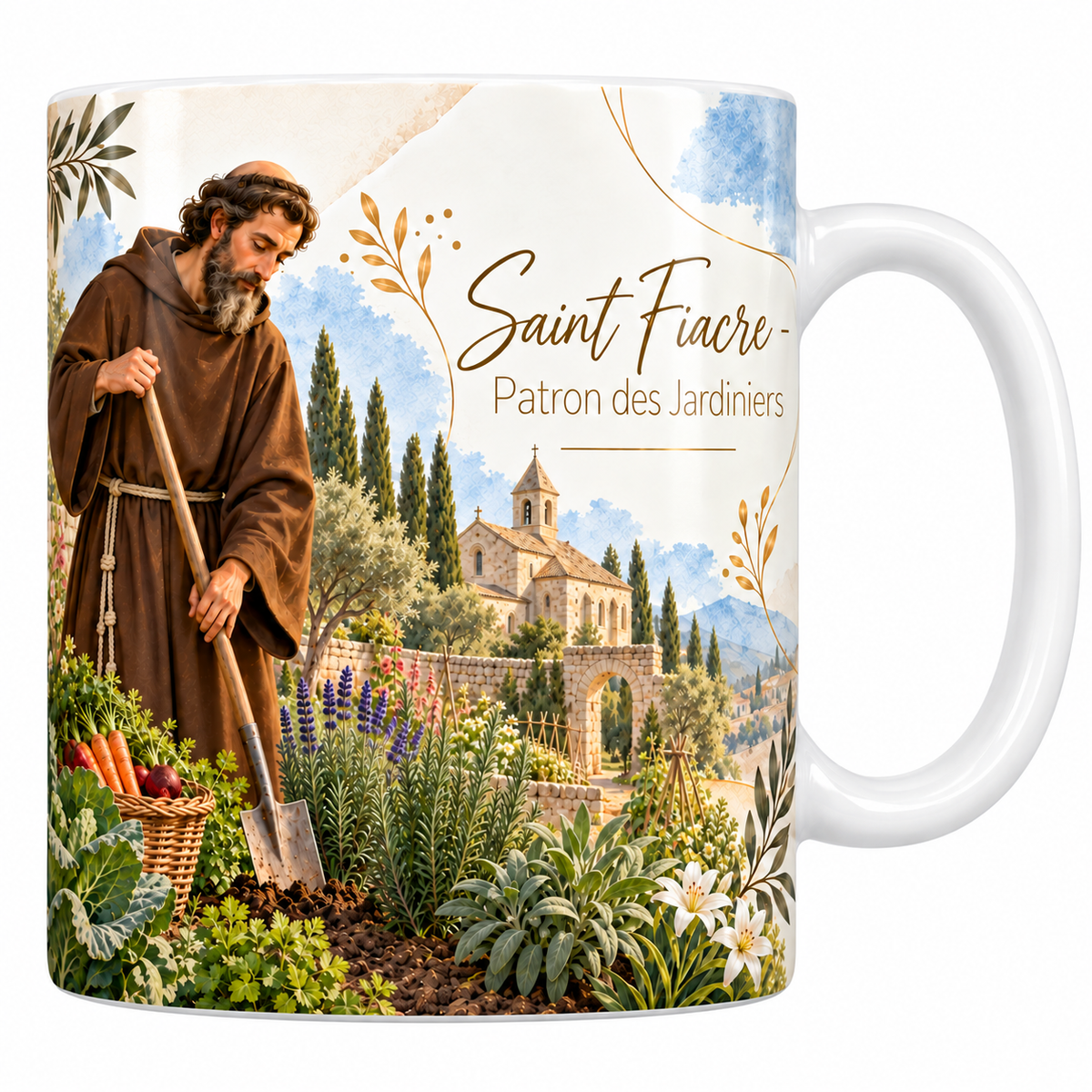 Mug céramique blanche 330 ml illustré de saint Fiacre en bure brune appuyé sur sa bêche dans un potager, avec un panier de légumes, des lavandes, un rouge-gorge et la chapelle au loin, et le titre Saint Fiacre, Patron des Jardiniers en lettres dorées