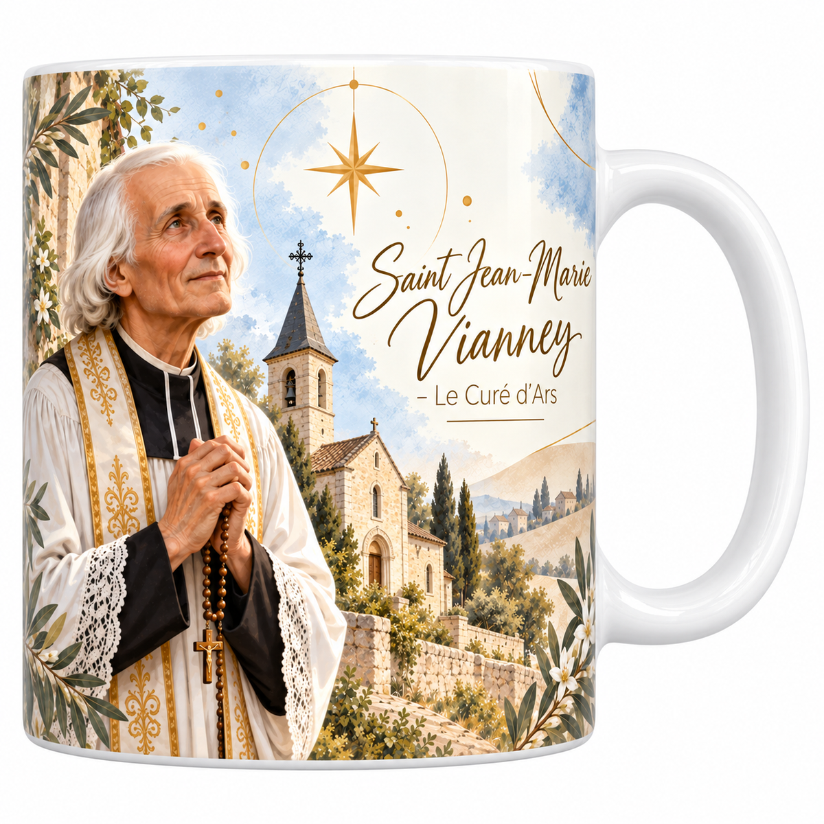 Mug céramique blanche 330 ml illustré du curé d'Ars en surplis blanc et étole noire brodée d'or, le chapelet entre les mains, devant l'église de son village et les collines, avec le titre Saint Jean-Marie Vianney, le Curé d'Ars en lettres dorées