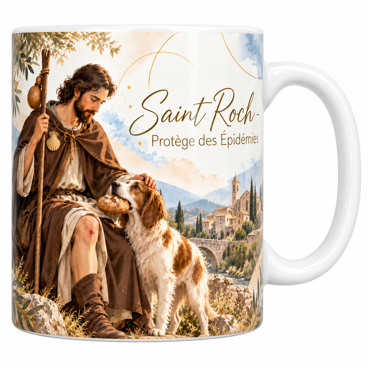 Mug céramique blanche 330 ml illustré de saint Roch en pèlerin, bourdon et coquille, montrant le bubon sur sa cuisse, avec son chien tenant un pain dans la gueule, un pont de pierre et un village au loin, et le titre Saint Roch, Protège des Épidémies en lettres dorées