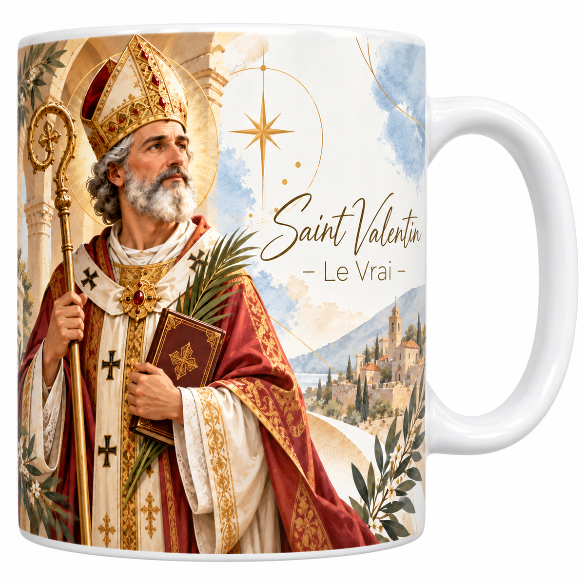 Mug céramique blanche 330 ml illustré de saint Valentin en mitre et chasuble rouge brodée d'or, crosse à la main, un livre et la palme du martyre, devant une arcade de pierre et un village au loin, et le titre Saint Valentin, le Vrai en lettres dorées
