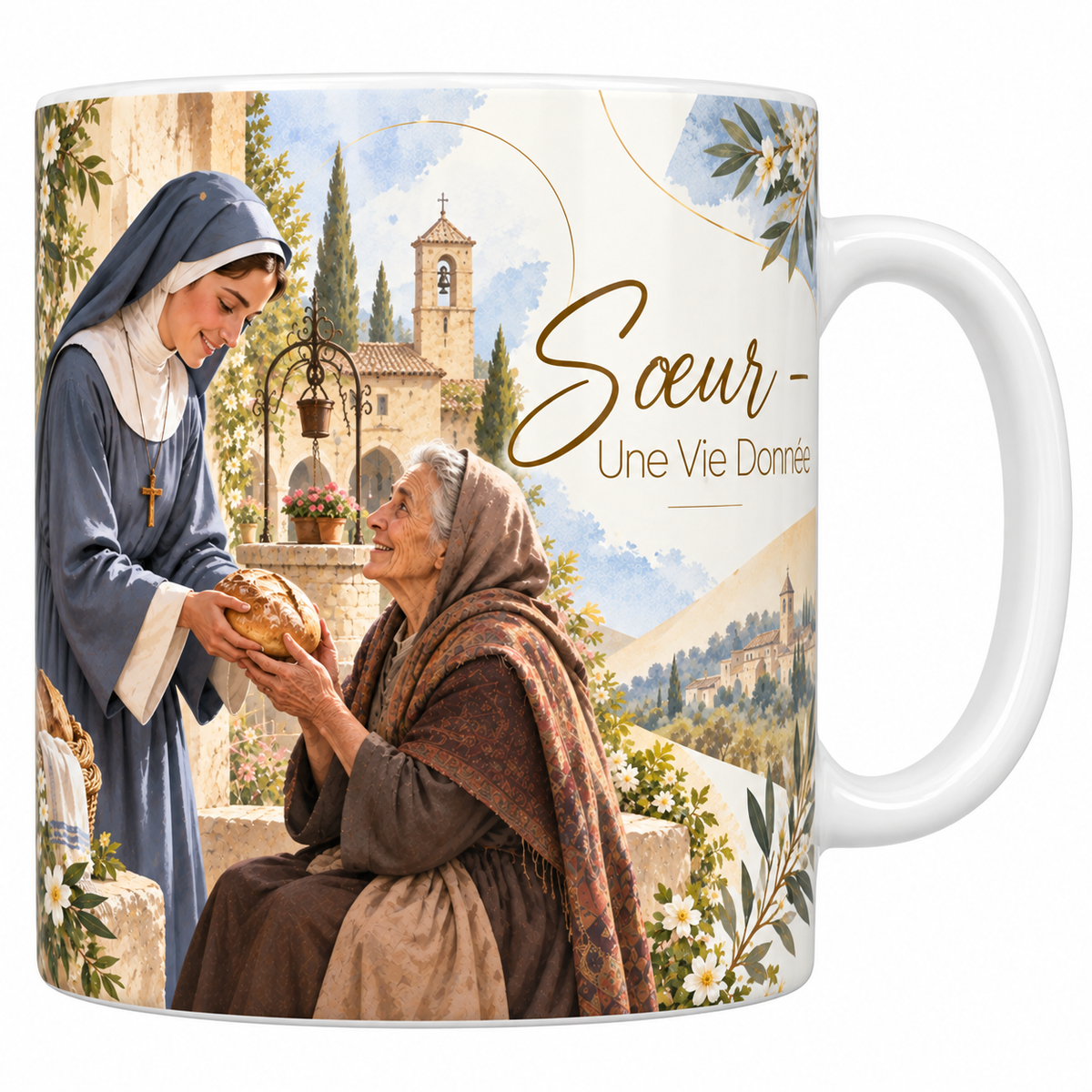 Mug céramique blanche 330 ml illustré d'une soeur en habit bleu et guimpe blanche tendant un pain à une vieille femme assise, avec un panier de pains, un cloître, un puits et un village au loin, et le titre Soeur, Une Vie Donnée en lettres dorées