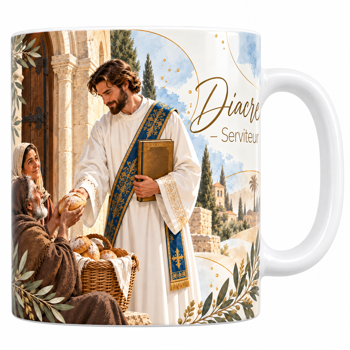 Mug céramique blanche 330 ml illustré d'un diacre en aube blanche et étole bleue en écharpe, l'évangéliaire sous le bras, distribuant du pain à un vieil homme et une femme, avec un panier de pains et un village au loin, et le titre Diacre, Serviteur en lettres dorées