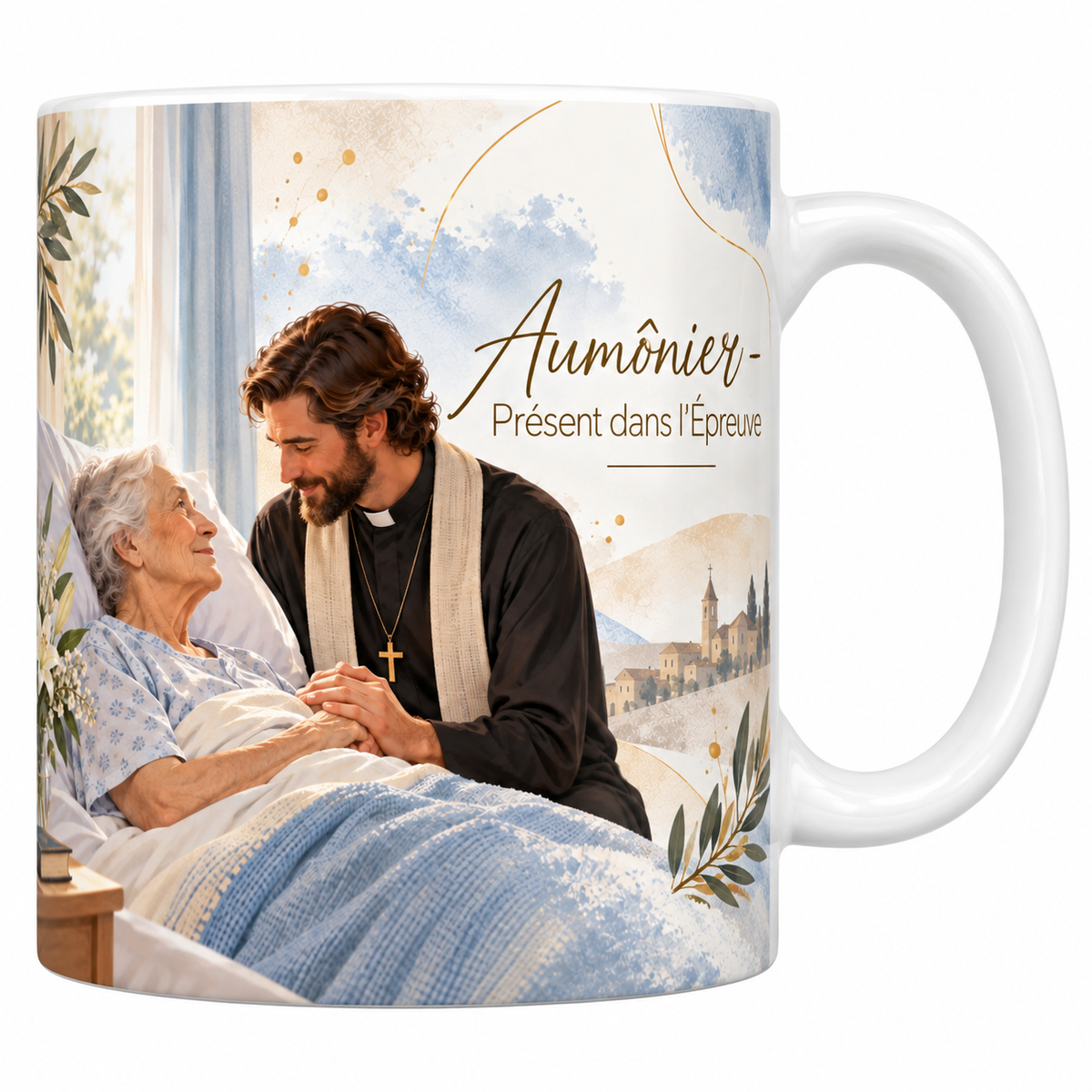 Mug céramique blanche 330 ml illustré d'un aumônier en soutane noire et étole claire tenant la main d'une femme âgée dans son lit, avec des lys, un livre et la lumière d'une fenêtre, et le titre Aumônier, Présent dans l'Épreuve en lettres dorées