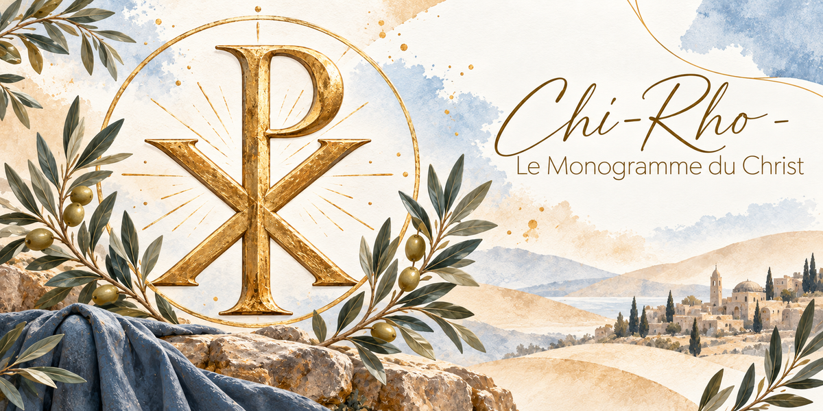 Illustration à l'aquarelle du monogramme du Christ formé des lettres grecques khi et rhô superposées, en or massif et rayonnant, inscrit dans un grand cercle doré, posé devant un ciel clair taché d'aquarelle bleue, des rameaux d'olivier chargés d'olives vertes de part et d'autre, une étoffe bleue drapée sur des rochers clairs au premier plan, et au loin la mer, les collines et une ville de pierre à coupoles, avec le titre Chi-Rho, le Monogramme du Christ en lettres dorées