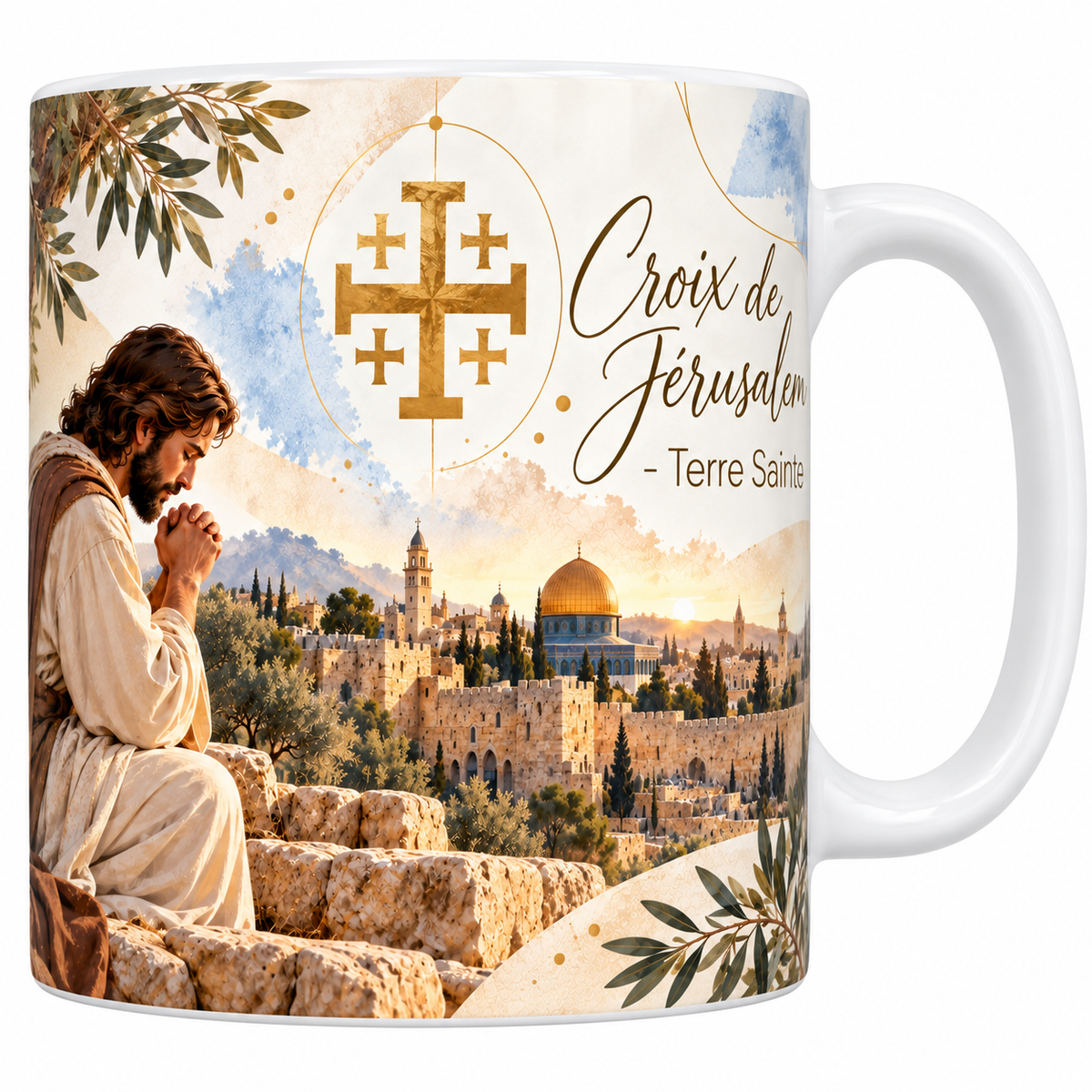 Mug céramique blanche 330 ml illustré de la croix de Jérusalem dorée à cinq croix, d'un homme en prière sous un olivier et des remparts de la vieille ville au soleil levant, et le titre Croix de Jérusalem, Terre Sainte en lettres dorées