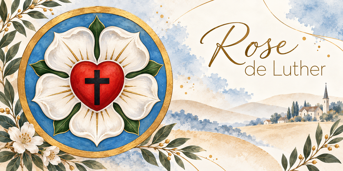 Illustration à l'aquarelle du sceau de Luther en grand médaillon circulaire bordé d'or, une rose blanche à cinq pétales aux nervures dorées et aux feuilles vertes sur un champ bleu, un coeur rouge rayonnant en son centre portant une croix noire, des rameaux d'olivier chargés d'olives et des fleurs blanches au premier plan, et au loin des collines, des arbres et un village à clocher sous un ciel clair taché d'aquarelle bleue, avec le titre Rose de Luther en lettres dorées