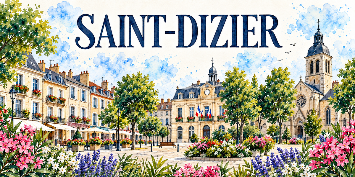 Saint-Dizier en aquarelle : un alignement de façades claires à toits d'ardoise, balcons de fer forgé et jardinières de géraniums au-dessus de terrasses sous stores blancs, des platanes taillés et des lampadaires noirs sur la place pavée, l'hôtel de ville à horloge coiffé d'un campanile d'ardoise et pavoisé de trois drapeaux tricolores, l'église Notre-Dame avec sa rosace, son portail gothique et son clocher-tour à dôme d'ardoise, des massifs de laurier-rose, de lavande et de marguerites au premier plan