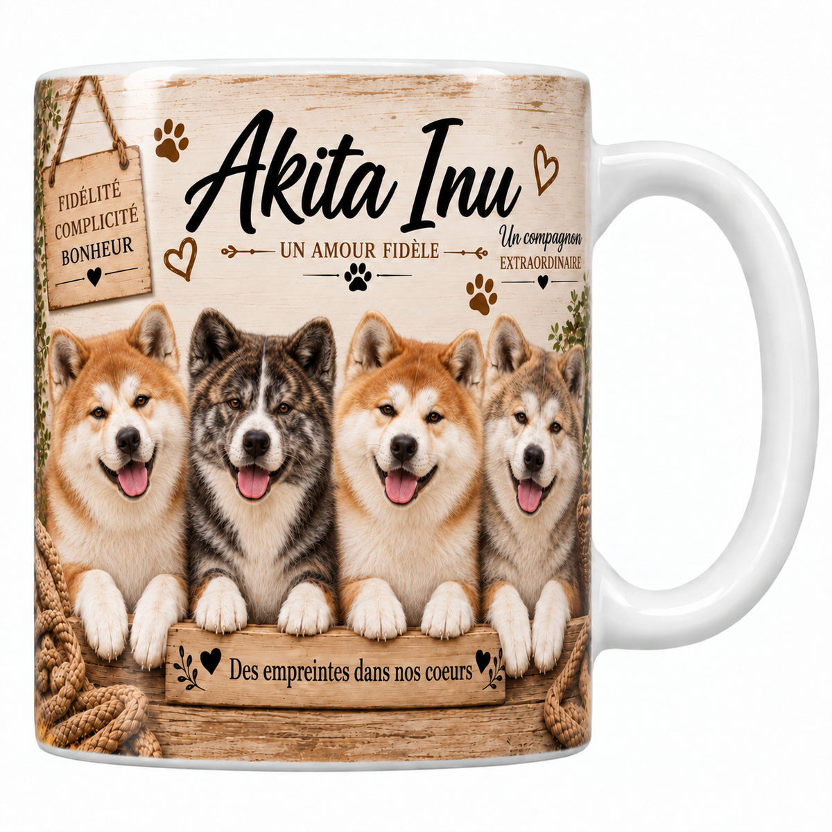 Mug blanc Akita inu aquarelle : quatre chiens roux, bringé et gris alignés derrière une planche de bois gravée, pancarte Fidélité Complicité Bonheur, plaid tressé et panier d'osier