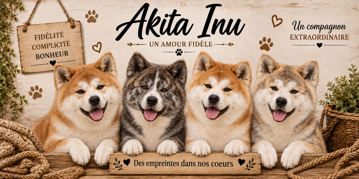 Illustration aquarelle Akita inu : quatre chiens aux oreilles triangulaires dressées, robes rousse, bringée et grise, alignés derrière une planche de bois gravée Des empreintes dans nos coeurs, une pancarte de bois suspendue à une corde portant Fidélité Complicité Bonheur, le nom de la race en cursive noire et la mention Un amour fidèle, des empreintes et des coeurs bruns, un plaid tressé, un panier d'osier et du feuillage sur fond de bois clair