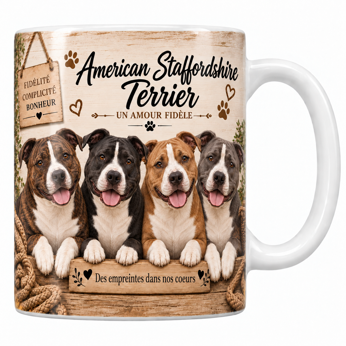 Mug blanc American staffordshire terrier aquarelle : quatre chiens bringés et tachetés au museau large alignés derrière une planche de bois gravée, pancarte Fidélité Complicité Bonheur et plaid tressé