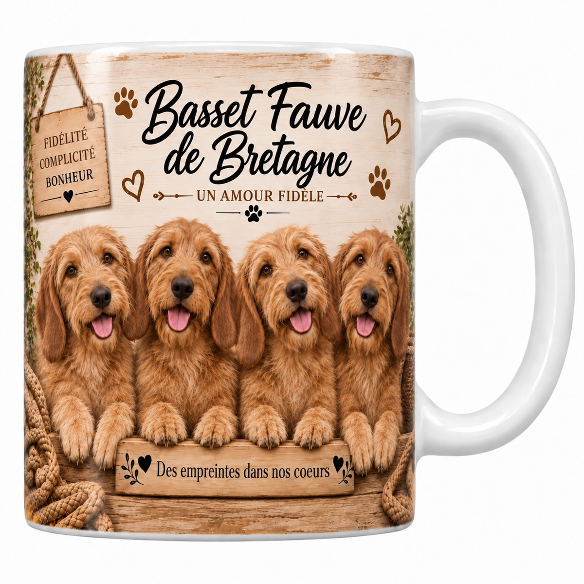 Mug blanc Basset fauve de Bretagne aquarelle : quatre chiens au poil dur couleur blé et aux oreilles tombantes derrière une planche de bois gravée, pancarte Fidélité Complicité Bonheur et panier d'osier