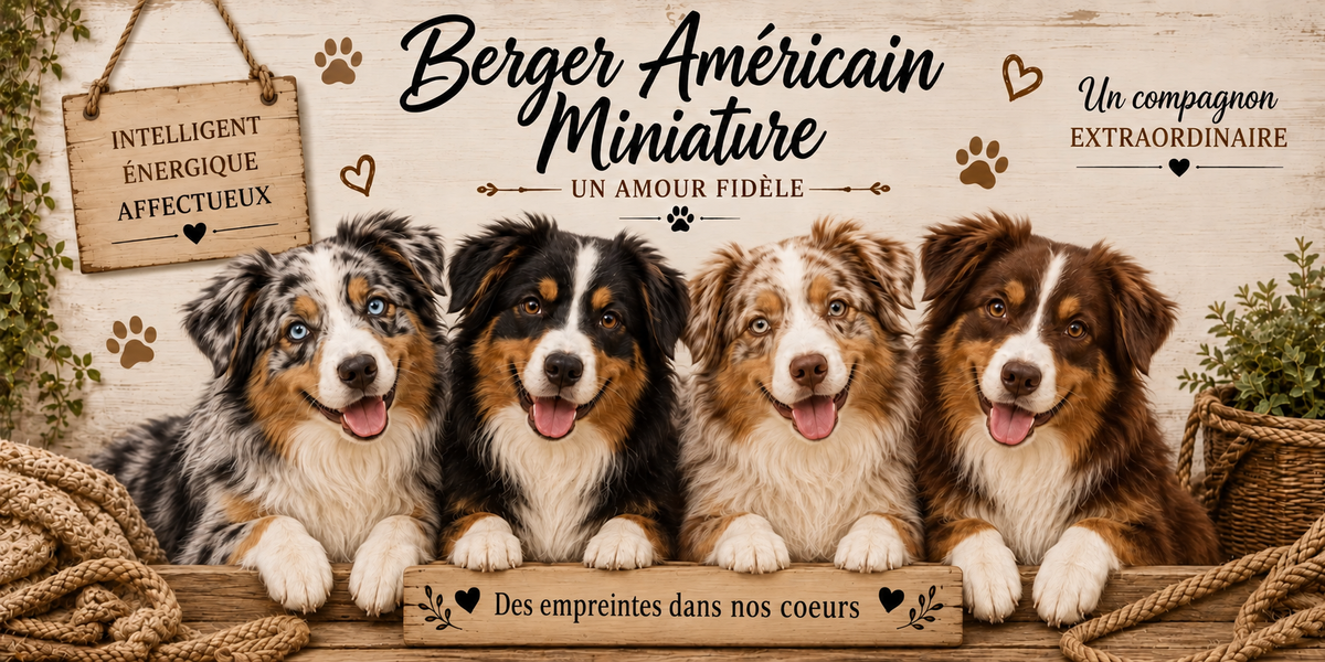 Illustration aquarelle Berger américain miniature : quatre chiens à robes merle bleu et tricolore, oreilles semi-dressées et yeux clairs, alignés derrière une planche de bois gravée Des empreintes dans nos coeurs, une pancarte suspendue à une corde portant Fidélité Complicité Bonheur, le nom de la race en cursive noire, des empreintes et des coeurs bruns, un plaid tressé et du feuillage sur fond de bois clair
