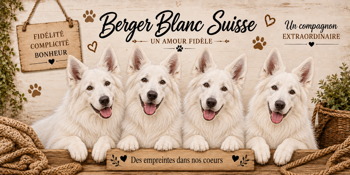 Illustration aquarelle Berger blanc suisse : quatre chiens au pelage blanc épais, oreilles droites et regard doux, alignés derrière une planche de bois gravée Des empreintes dans nos coeurs, une pancarte suspendue à une corde portant Fidélité Complicité Bonheur, le nom de la race en cursive noire, des empreintes et des coeurs bruns, un plaid tressé, un panier d'osier et du feuillage sur fond de bois clair